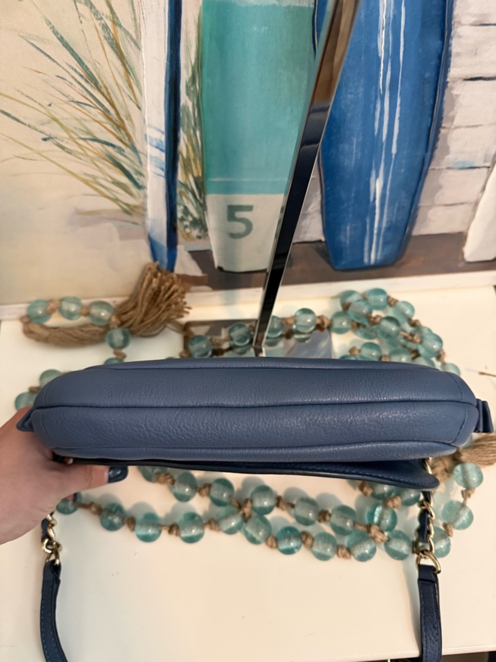 Tory Burch periwinkle blue Leather Logo Crossbody with silver Chain - Picture 3 of 7